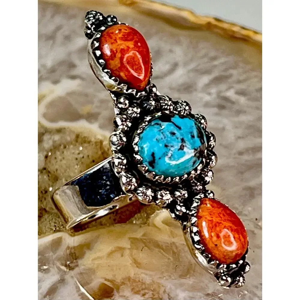 Sterling Silver Spiny Oyster Kingman Turquoise Cluster Statement Ring Adjust Sz